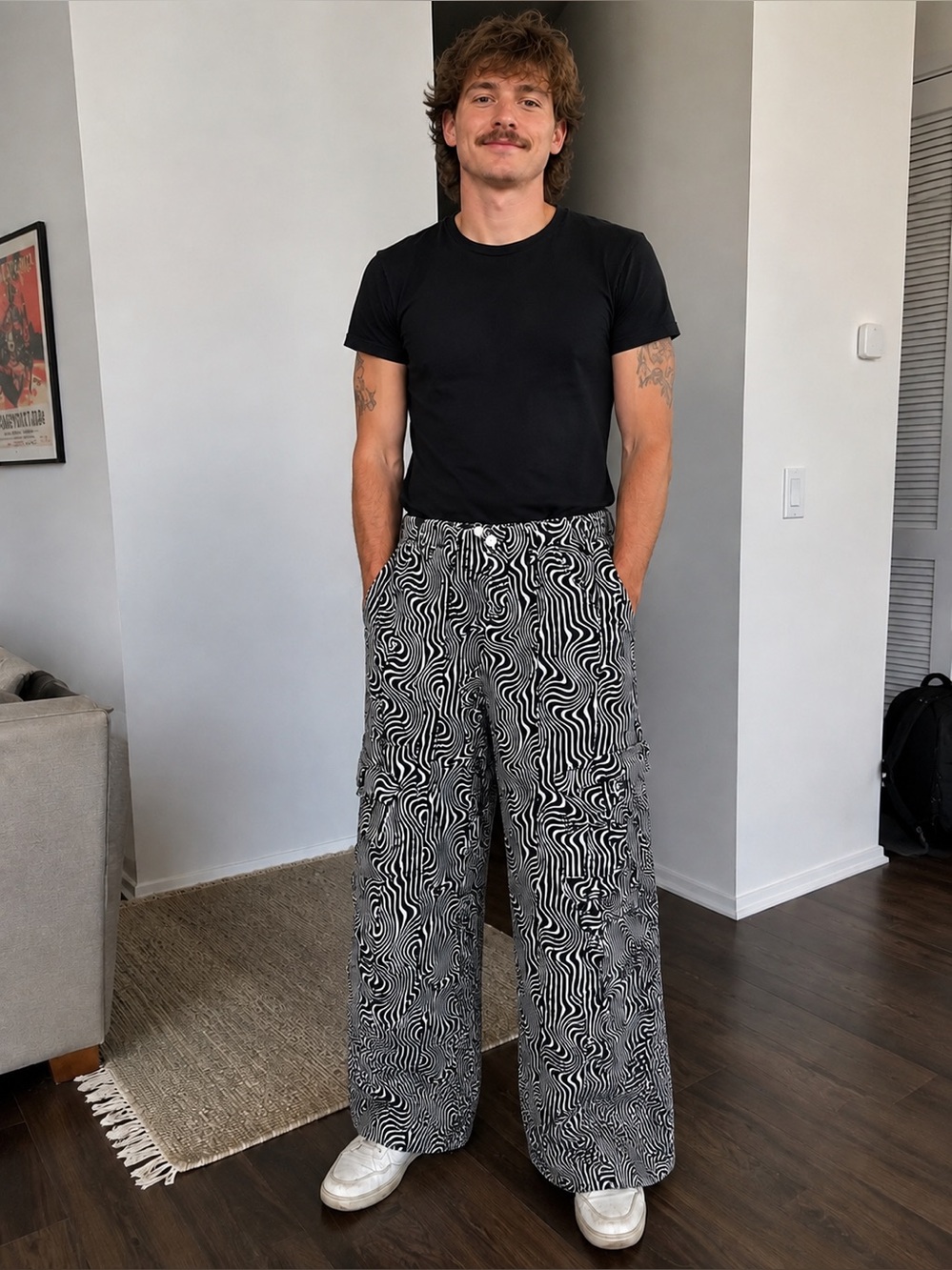 BDG Men's Cargo Pants in Black & White Swirl Print